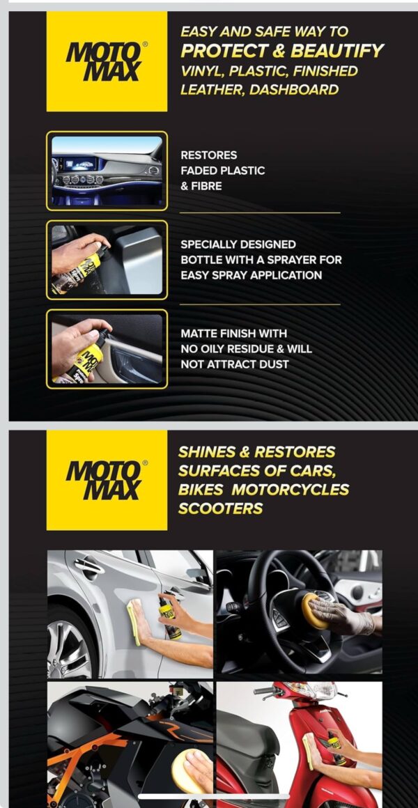 Motomax Protectant Spray Repels dust, pollutants| Protect, Restore faded vinyl, plastic, leather, dashboard, rubber, tyres of Cars, Bikes, Motorcycles & Scooty| Provides long lasting shine