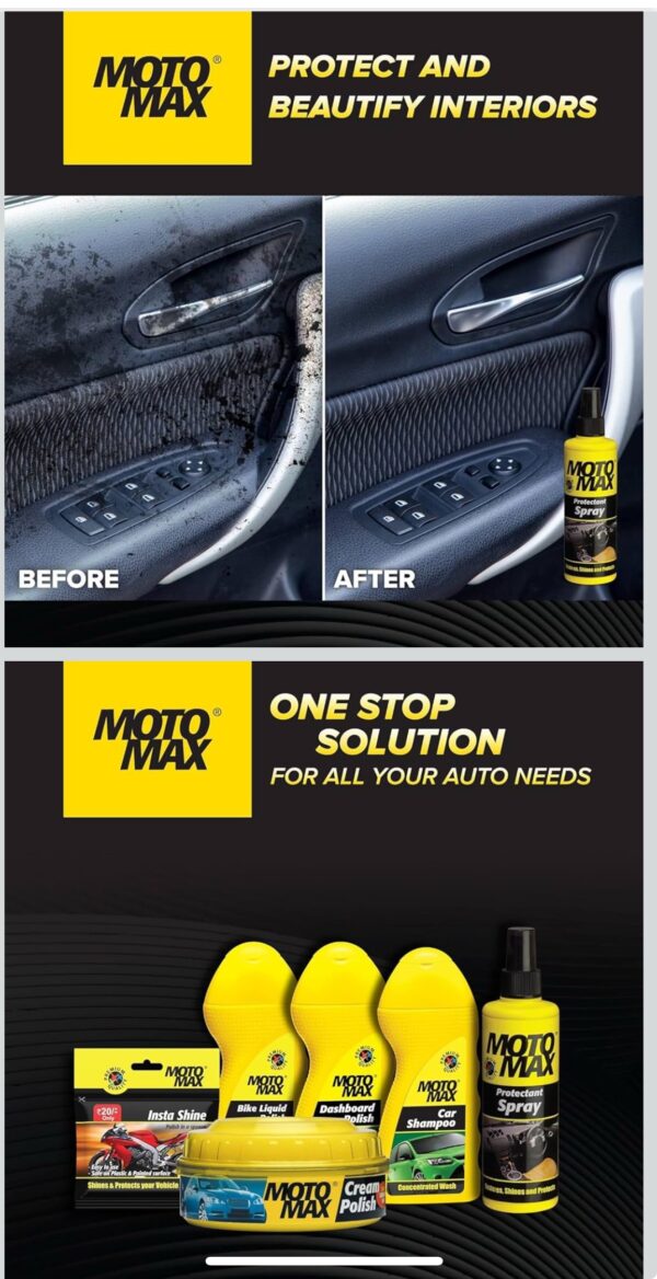 Motomax Protectant Spray Repels dust, pollutants| Protect, Restore faded vinyl, plastic, leather, dashboard, rubber, tyres of Cars, Bikes, Motorcycles & Scooty| Provides long lasting shine