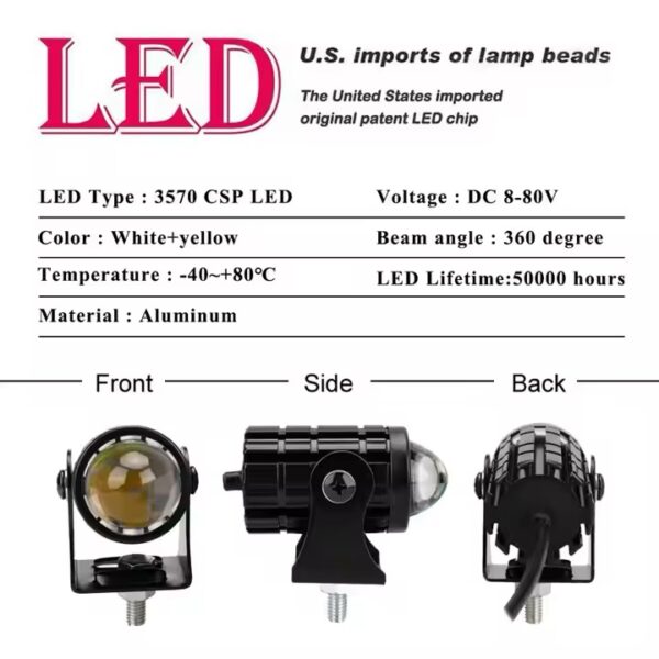 Mini Laser Cannon 8-80V Dual Color Motorcycle Fog Light Led Headlight Mini Driving Light for Motorcycle