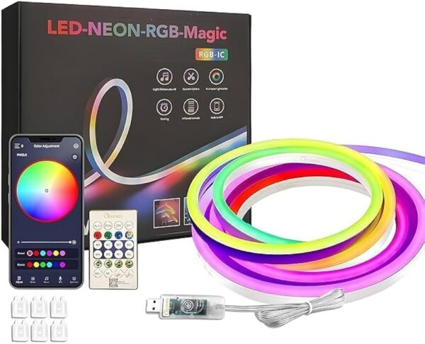 Volt Vision 5 Meters LED Neon RGB Strip Light, Smart App Control, Remote Control, Multi-Colour Magic Lighting with USB, 6 Mounting Clips Music Modes, Custom Colors, Timing, Light Follow Sounds