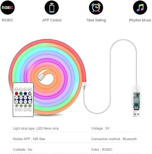Volt Vision 5 Meters LED Neon RGB Strip Light, Smart App Control, Remote Control, Multi-Colour Magic Lighting with USB, 6 Mounting Clips Music Modes, Custom Colors, Timing, Light Follow Sounds