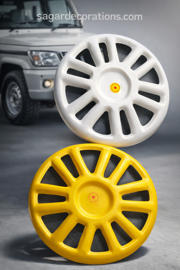 aa68c0c0-0b76-4f1a-a536-45a79e31beaf White Wheel cap (hard & heavy fibre) R-15 tyre size for bolero, ashok Leyland bada dost, cruiser and all 15” inch tyre size {2 - pis} सफेद व्हील कैप (हार्ड और हेवी फाइबर) R-15 टायर साइज, बोलेरो, अशोक लेलैंड बड़ा दोस्त, क्रूजर और सभी 15” इंच टायर साइज के लिए {2 - पीस}