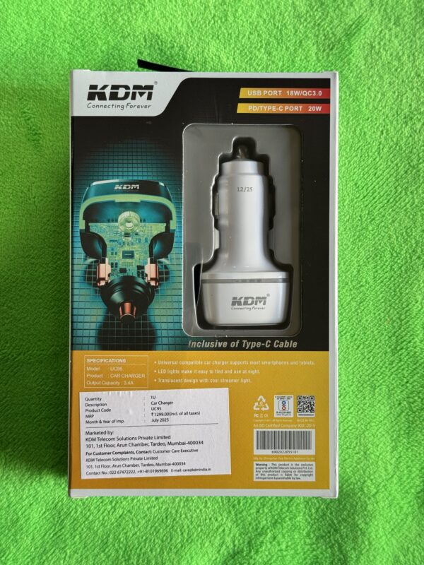 25 minuets Fast Charger for Android / iphone, KDM -38 watt High Speed charger for car and pickup.  [12v / 24v common] फ़ास्ट चार्जर एंड्राइड/ आईफ़ोन के लिए, सिर्फ़ 25 मिनट में चार्ज करेगा, 12 वोल्ट/ 24 वोल्ट कॉमन,