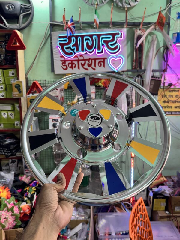 Multi  Colour CP Steel Wheel cap For R-15 (5 bolts) tyre size Waterproof, durable and with proper welding material. [2 - Pis] || मल्टी कलर वाले CP स्टील व्हील कैप R-15 टायर साइज के लिए 5 बोल्ट वाले डिस्क में लग जायेगा. {2 पीस}