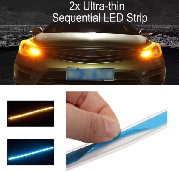 60cm Soft Tube Car LED DRL | Sequential Flow Turn Signal | White Daytime Running Light + Yellow Indicator (Pack of 2) (12 volt)