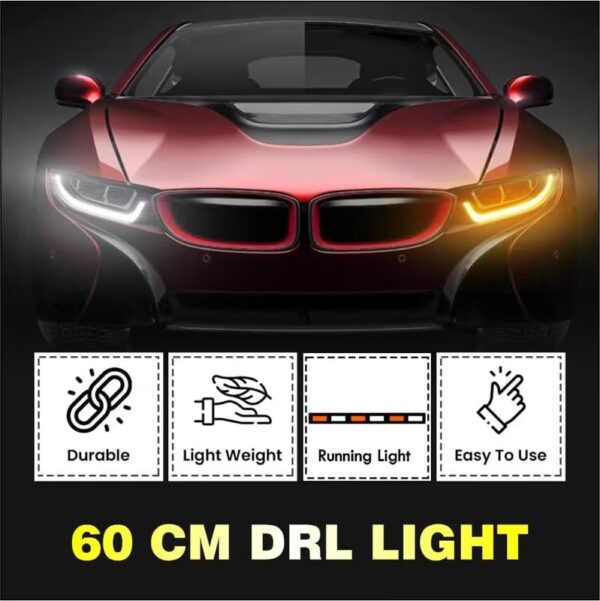 60cm Soft Tube Car LED DRL | Sequential Flow Turn Signal | White Daytime Running Light + Yellow Indicator (Pack of 2) (12 volt)