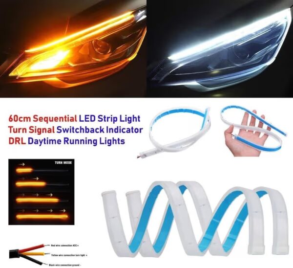 60cm Soft Tube Car LED DRL | Sequential Flow Turn Signal | White Daytime Running Light + Yellow Indicator (Pack of 2) (12 volt)