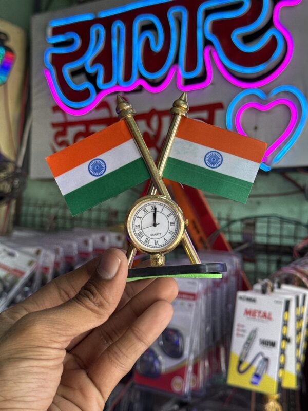 0755f9be-0d36-4947-8e33-404ce5627f8b-40067-000005277886f6a5_file National Flag of India with Watch for Car Dashboard, Gifts, Home, Office, Desk Idol for Decoration of Office (Pack of 1) 4 Inches (Plastic, Multicolor)