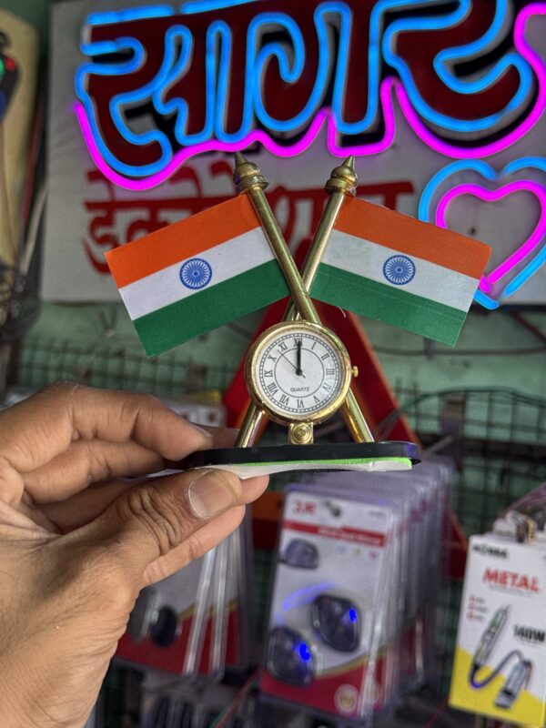 e2c4aaae-cf20-403c-bb4d-ee100180b74a-40067-000005273b2b9ae1_file National Flag of India with Watch for Car Dashboard, Gifts, Home, Office, Desk Idol for Decoration of Office (Pack of 1) 4 Inches (Plastic, Multicolor)