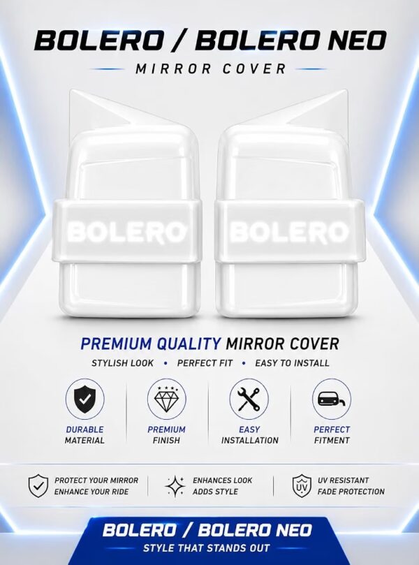 White Batman Style LED Side Mirror Cover for Bolero & Bolero Neo | Premium Glossy Mirror Cap with LED Light & Wiring | Sporty Exterior Styling Accessory | Easy Installation