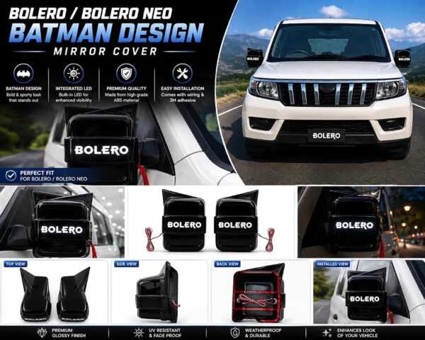 Black Batman Style LED Side Mirror Cover for Bolero & Bolero Neo | Glossy Black Mirror Cap with LED Light & Wiring | Sporty Exterior Styling Accessory | Premium Finish | Easy Installation