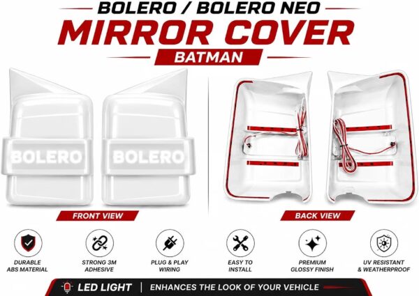 White Batman Style LED Side Mirror Cover for Bolero & Bolero Neo | Premium Glossy Mirror Cap with LED Light & Wiring | Sporty Exterior Styling Accessory | Easy Installation