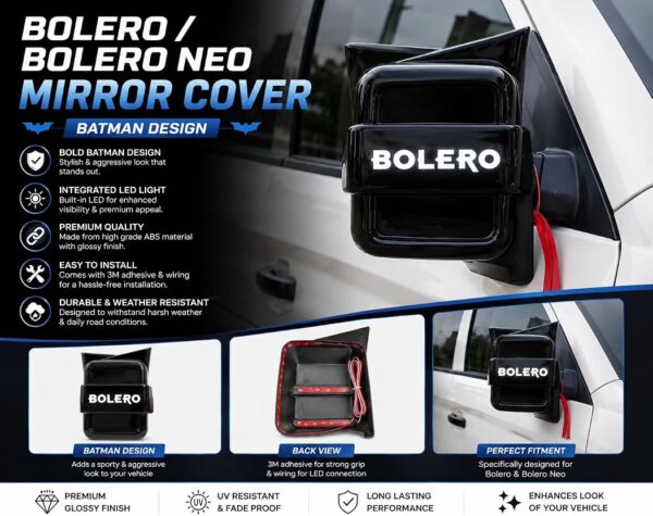 Black Batman Style LED Side Mirror Cover for Bolero & Bolero Neo | Glossy Black Mirror Cap with LED Light & Wiring | Sporty Exterior Styling Accessory | Premium Finish | Easy Installation